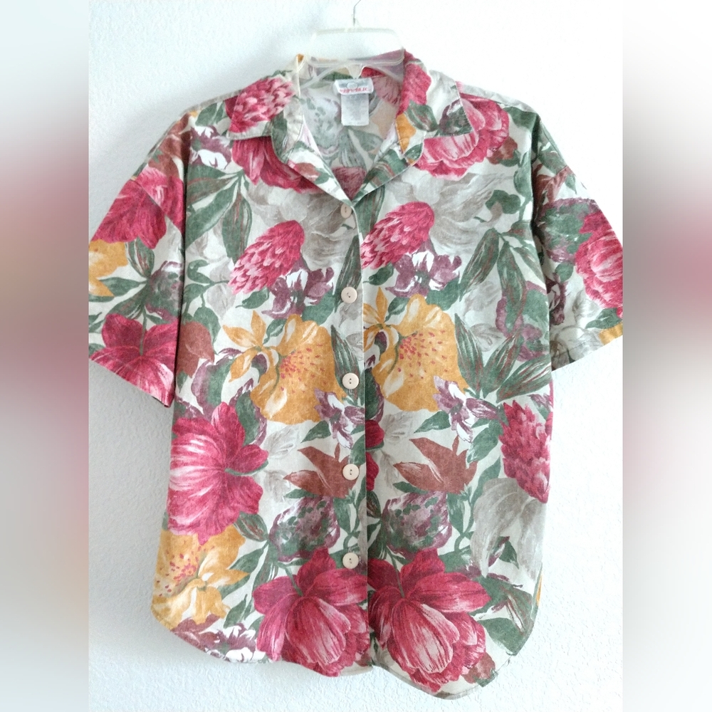 Denim Republic Floral Short Sleeve Camp Shirt Cottagecore Cottage Mom Medium